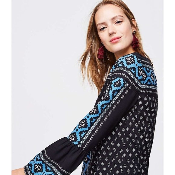* "LOFT" MULTICOLOR MEDALLION TRIBAL BOHO BELL SLEEVE SHIFT MINI DRESS   MP NWT - Picture 3 of 6